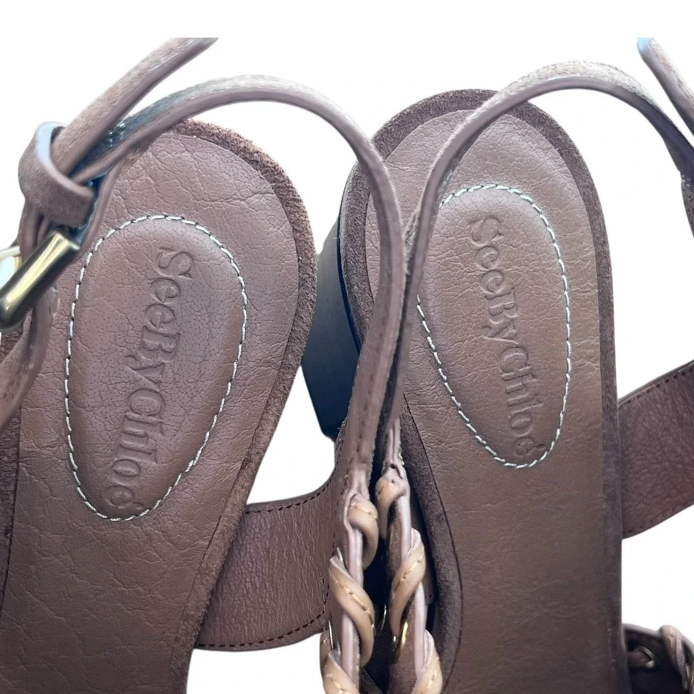 See By Chloé NWOB Tan Suede Platform Sandals 38 Lace-Up Grommet Boho Designer